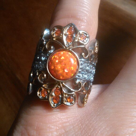 Simulated Opal and Orange and White Crystal Stainless Steel Ring (Size 6) - Picture 1 of 10